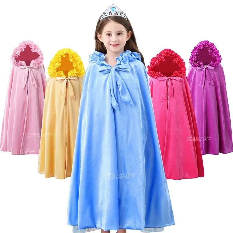 Girls Princess Costume Cloak Hooded Coat Cape Elsa Anna Aurora Rapunzel Fancy Party Mantel Clothes Children Party Accessories