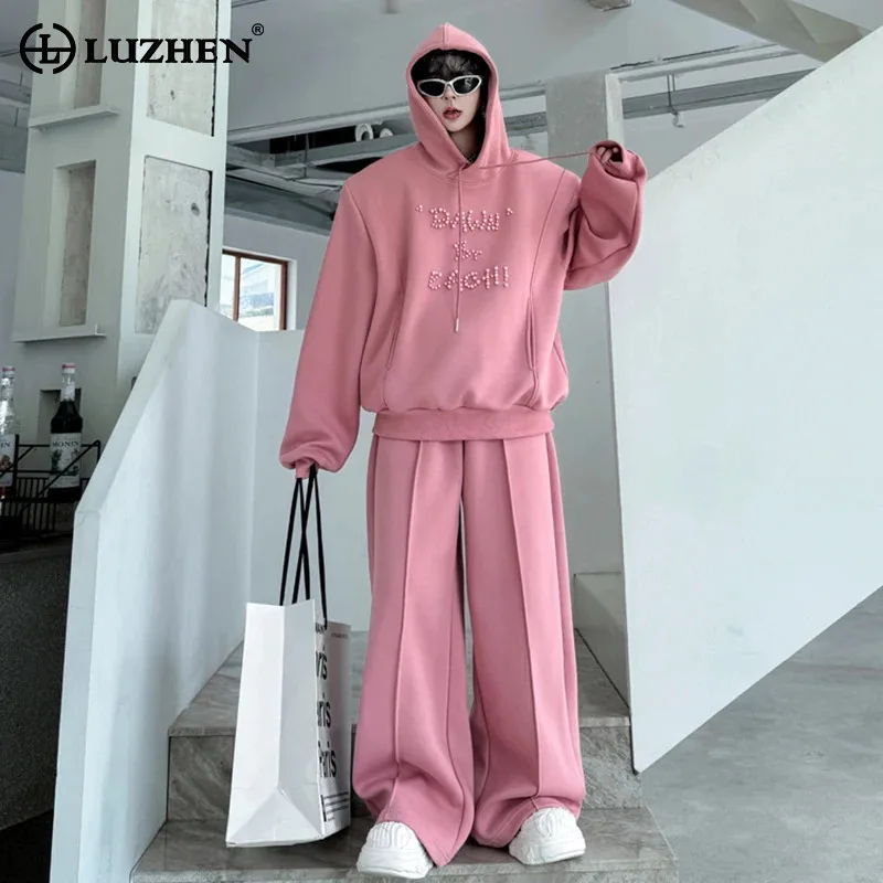 LUZHEN Fashion Stripe Loose Straight Sweatpants Men's Original Pearl Patchwork Letter Hoodies Pullover Two-piece Sets New JY4164