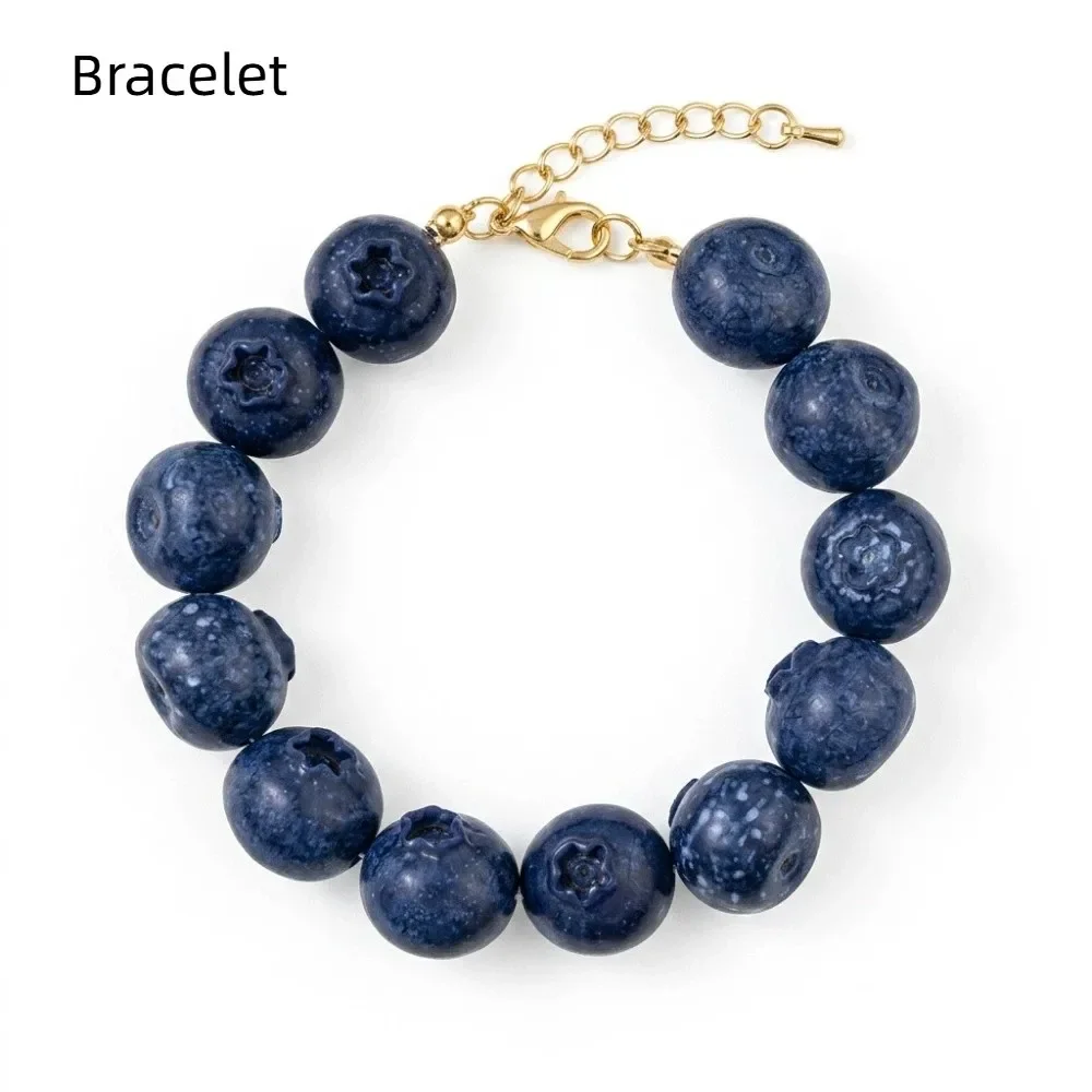 Simple Layered Beads Fruit Necklace Stackable Blueberries Multi Layer Choker Cherry Retro Necklace Bracelet Set Vacation
