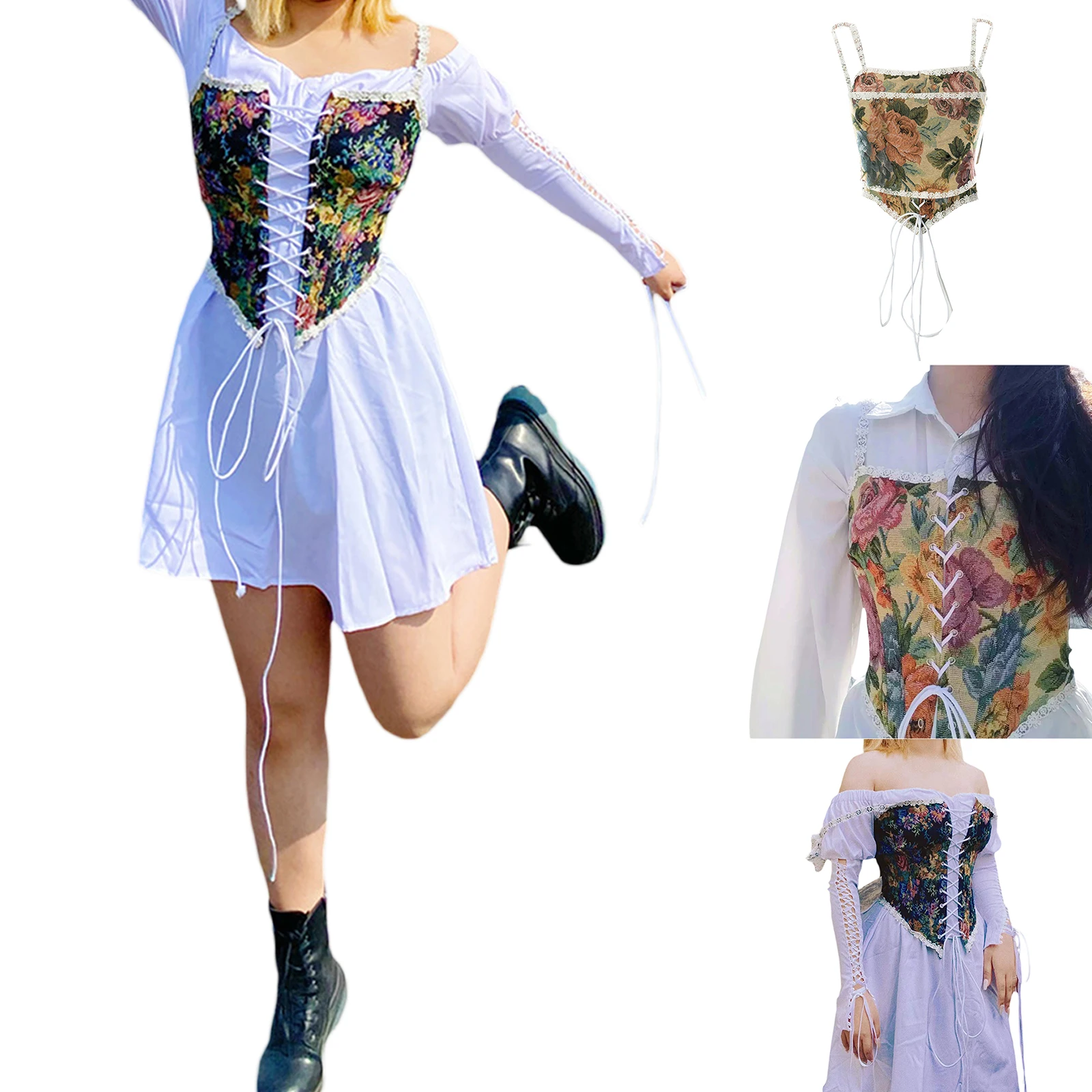 Fashion Vintage Women’s Vintage Jacquard Bandage Camisole Sexy Boat Neck Flounce Irregular Suspender Corset