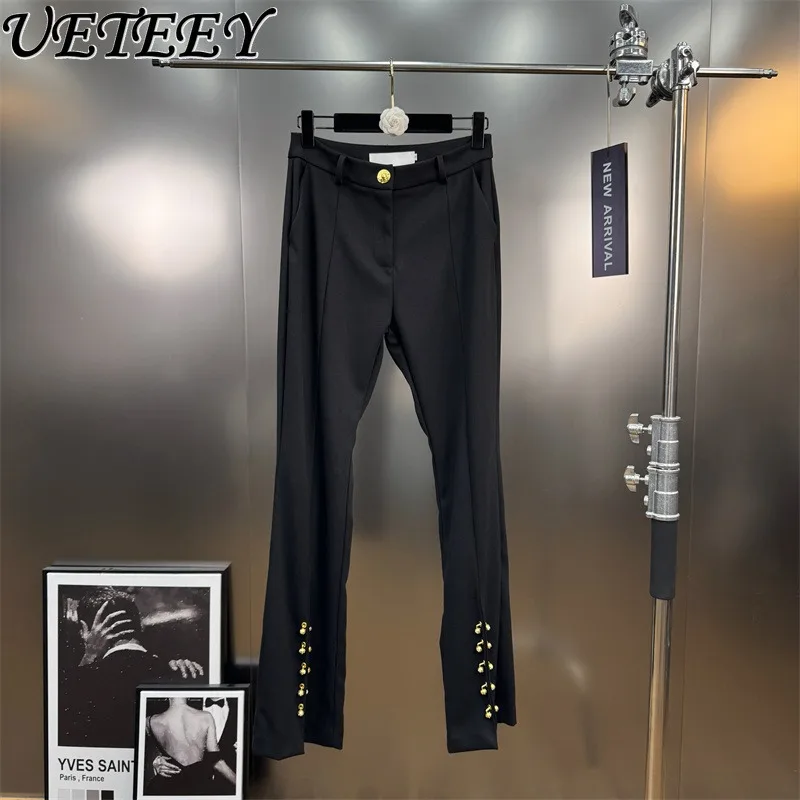 

Autumn Split Straight Leg Pants Metal Rhinestone Buckle Decoration High Waist Slim Fit Casual Long Pants Niche Black Trousers