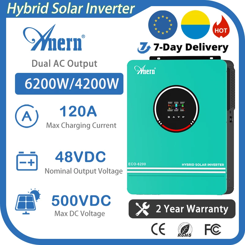 

Anern 6200W 4200W Hybrid Solar Inverter 24V 48V 230V Off-Grid Photovoltaic Inverter With MPPT 120A Charger Work Without Battery