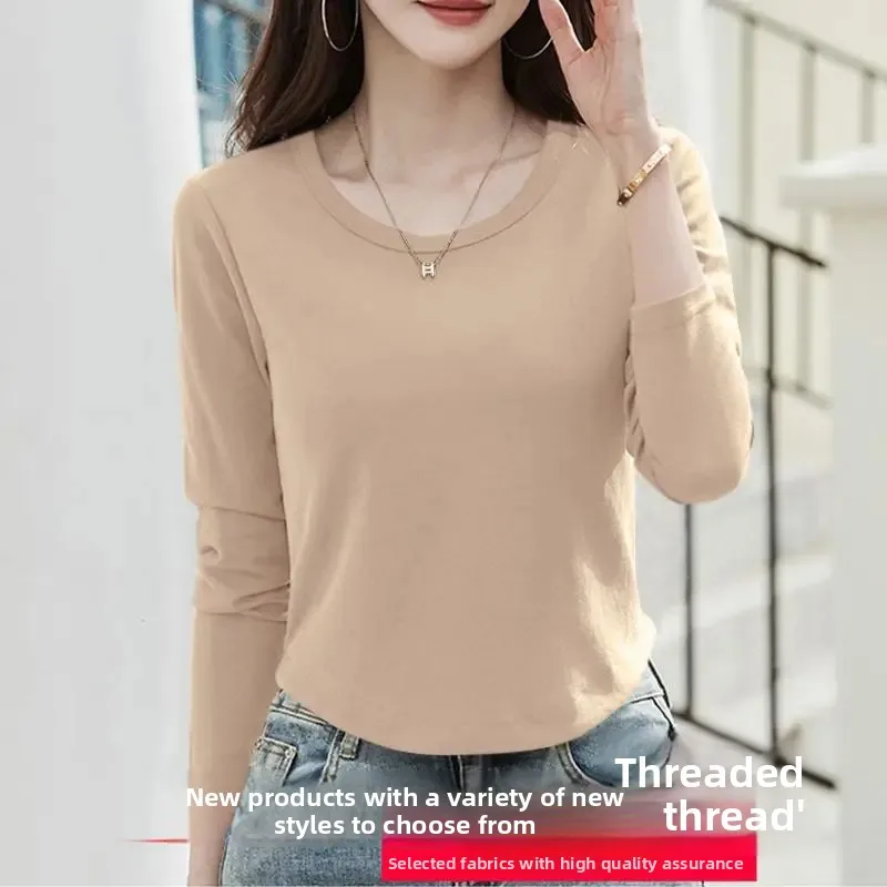 Camiseta holgada de manga larga con cuello redondo para mujer, camisa básica fina con cuello redondo y cuello en U, Top de fibra de poliéster de manga completa