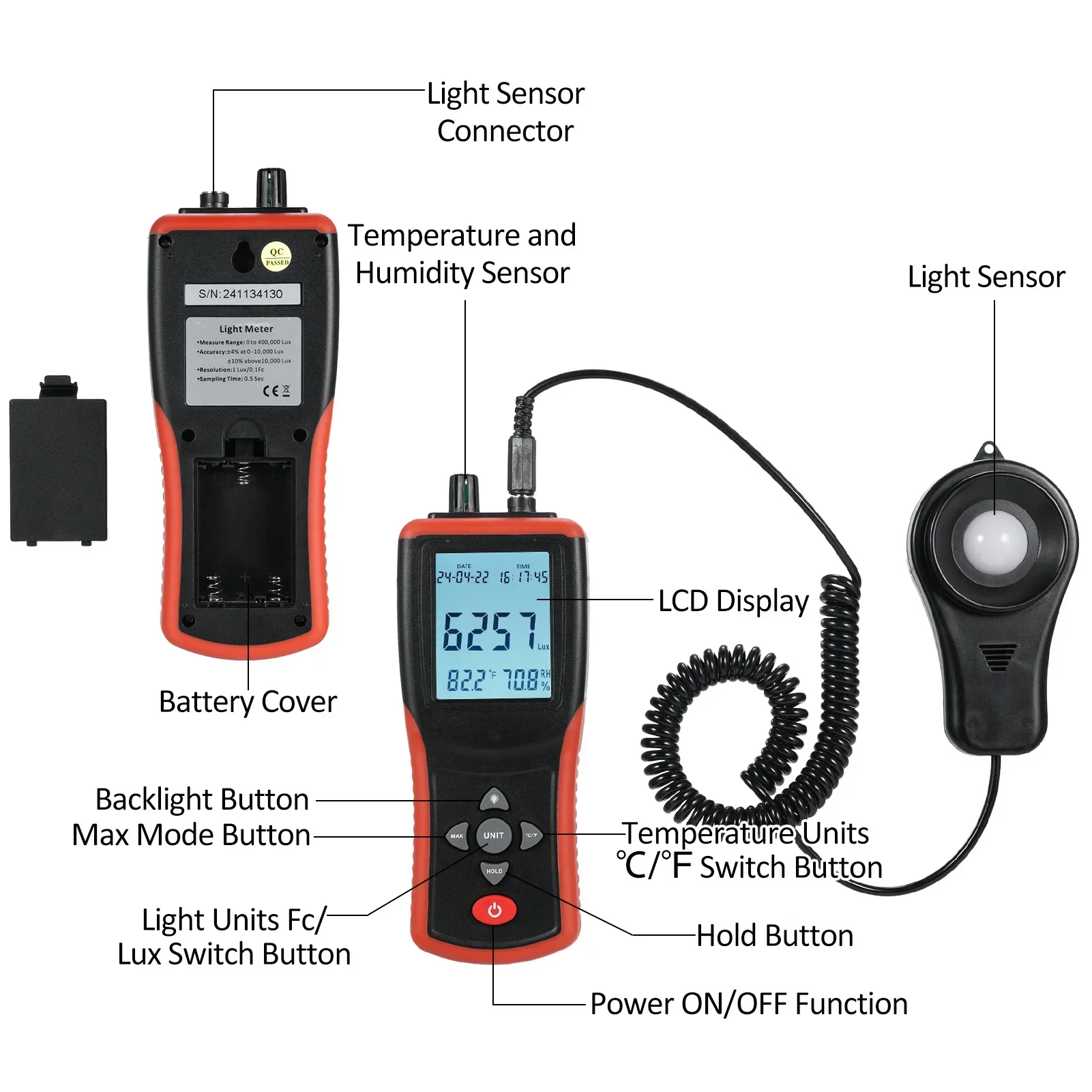 Imagem -04 - Digital Lcd Bolso Light Meter Lux Medida fc Medida Tester Iluminação Sensor Photometer 400.000 Lux Tl603