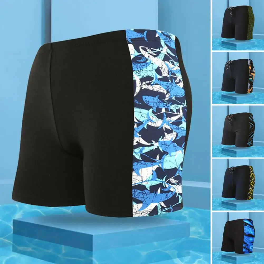 Troncos de natação com cós elástico masculino, estampa de costura geométrica, slim fit, piscina, plus size