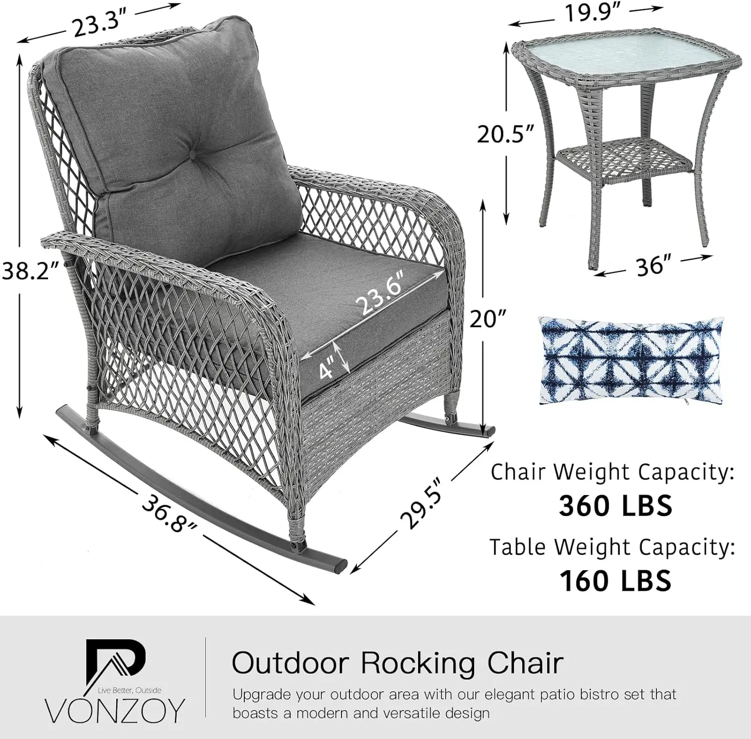 Terrassenmöbel-Set 3-teilig, Schaukel-Bistro-Set aus Korbgeflecht mit dicken Kissen, Schaukelstühlen für den Außenbereich und Couchtisch für Veranda, B