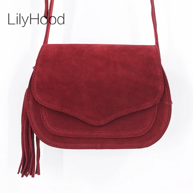 Women Genuine Leather Suede Small Size Saddle Bag Leisure Retro Bohemian Hippie Ibiza Fringed Burgundy Side Sling Shoulder Bag