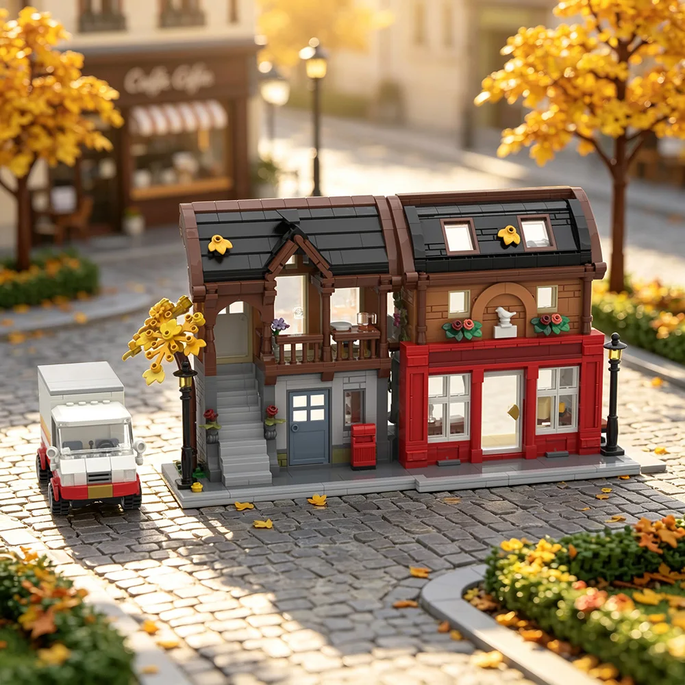 Gobricks MOC The Red Postal Street Building Blocks Model Post Office Architectural Street View Bricks Assembly Toys Aldult Gifts