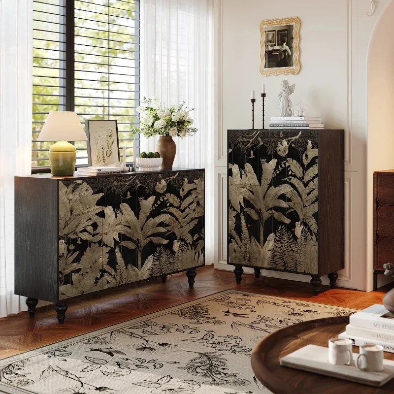 HHHHMedieval Style Black Gold Floral Pattern Chest Of Drawers Living Room Storage Cabinet