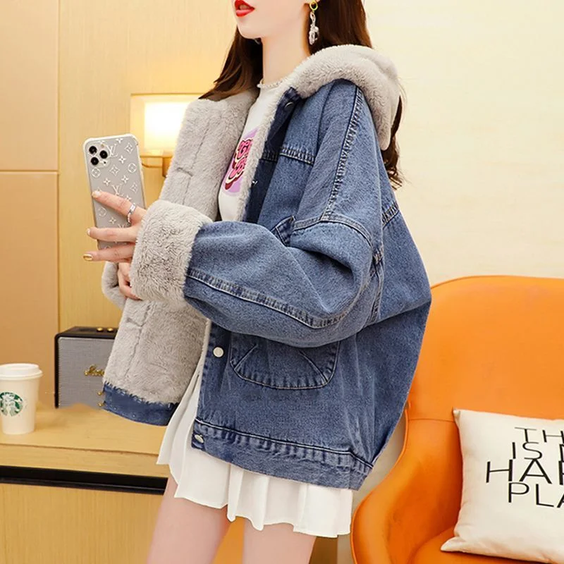 Jean Jacket for Women 2023 New Popular Plush Thickened Denim Clothes Net Red Autumn Winter Coat Hooded Cotton Padded Clothes