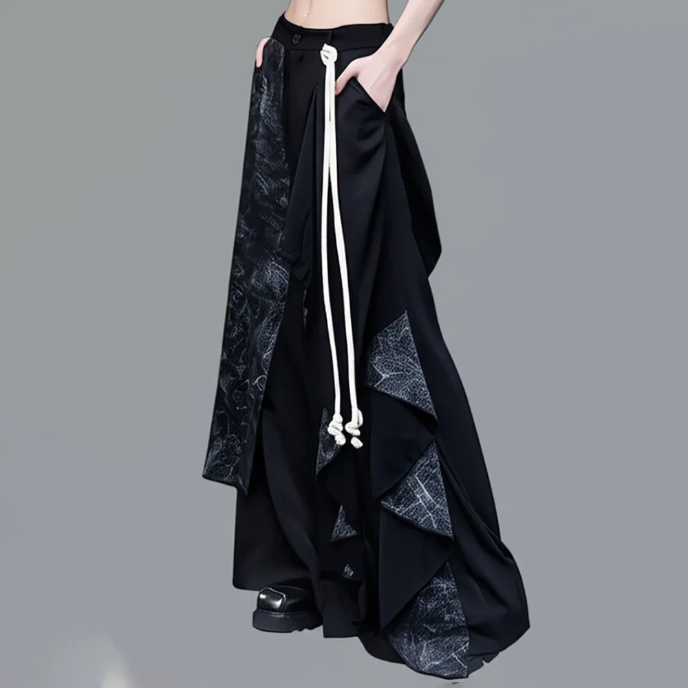 

Y2k Dark Style Double Layer Irregular Splicing Skirt Pants Genderless Streetwear Fashion Harajuku Wide Leg Pants Unisex(No rope)