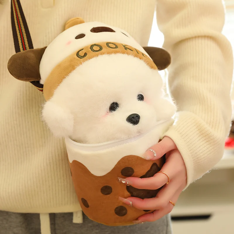 Kawaii Plüsch Tee tasse Hund ausgestopfte Welpen puppe in Bubble Tea Spielzeug kleine Hundes pielzeug Geburtstags geschenke