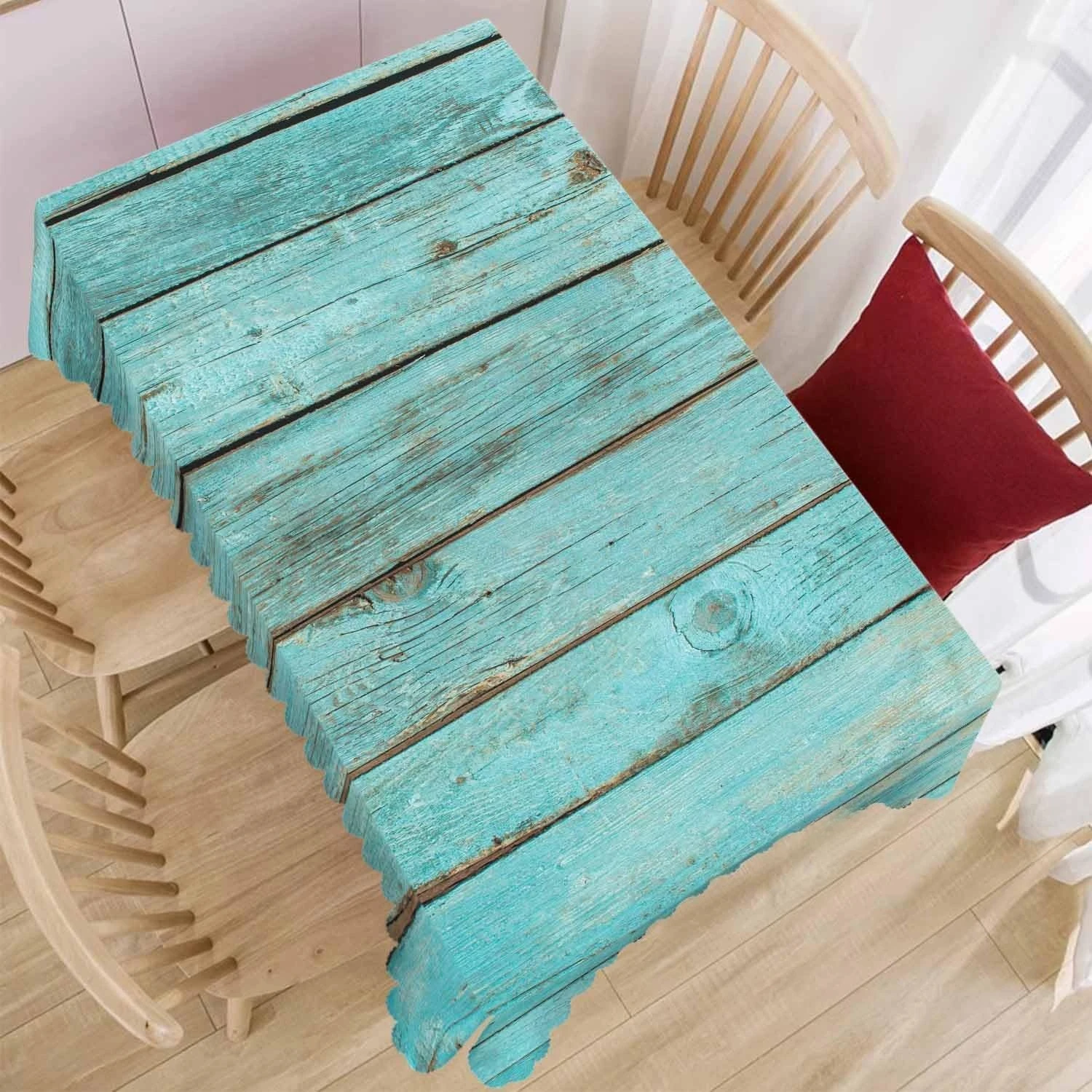 Vintage Turquoise Wood Grain Rectangle Waterproof Tablecloth Tabletop Decor Farmhouse Kitchen Dining Tablecloth Party Decor