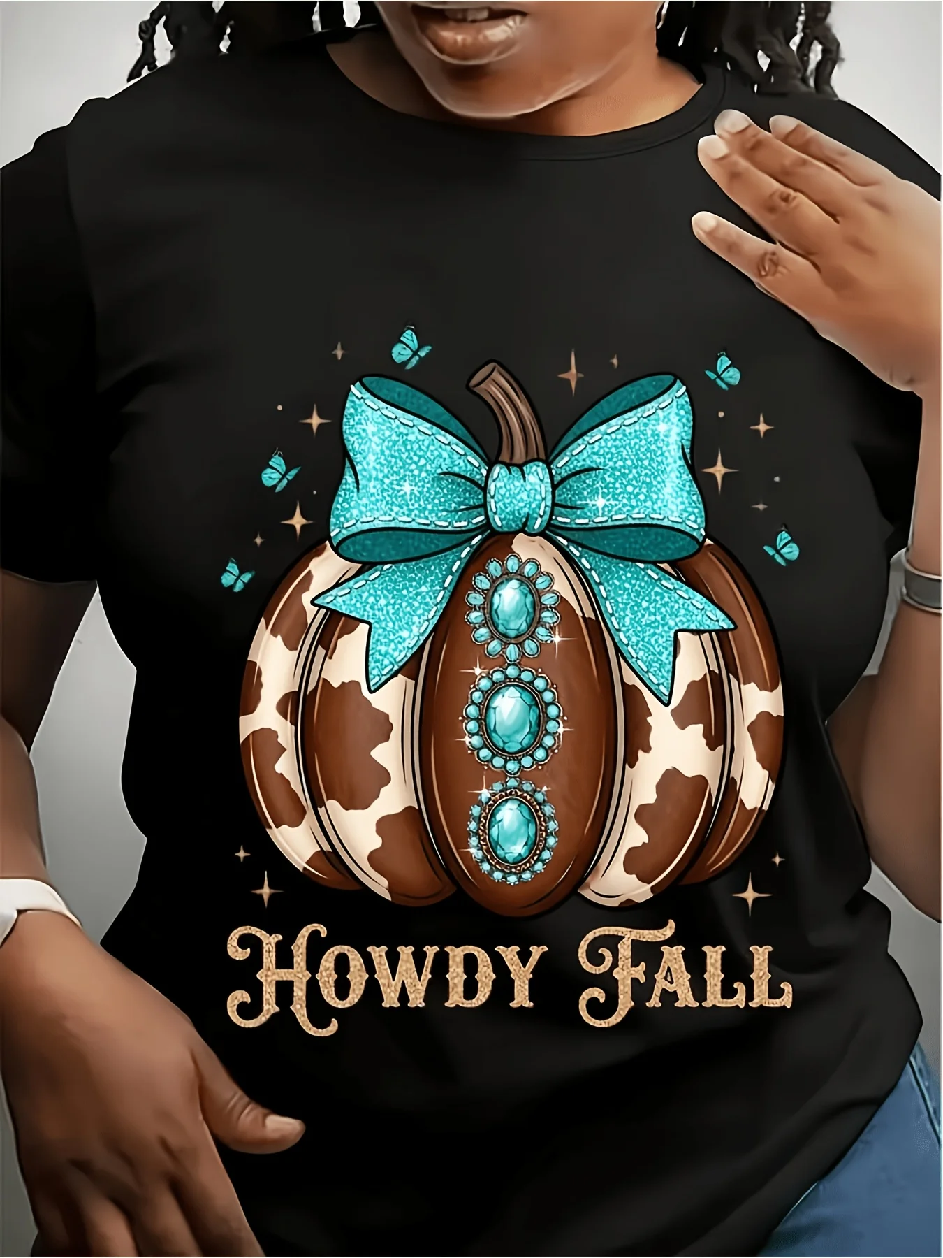 Howdy Fall Western Cow Print T-Shirt with Turquoise Bow Glitter Design Soft Breathable Short Sleeve Crew Neck Tee for Rodeo Country Western Parties Casual Autumn Outfits (Machine Washable)
