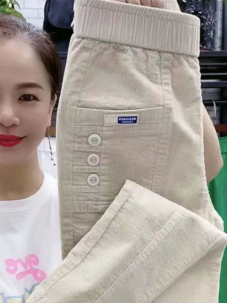 Damskie sztruksowe spodnie haremowe koreańskie elastyczne ołówkowe spodnie z wysokim stanem wiosna jesień mama Pantalones spodnie do kostek