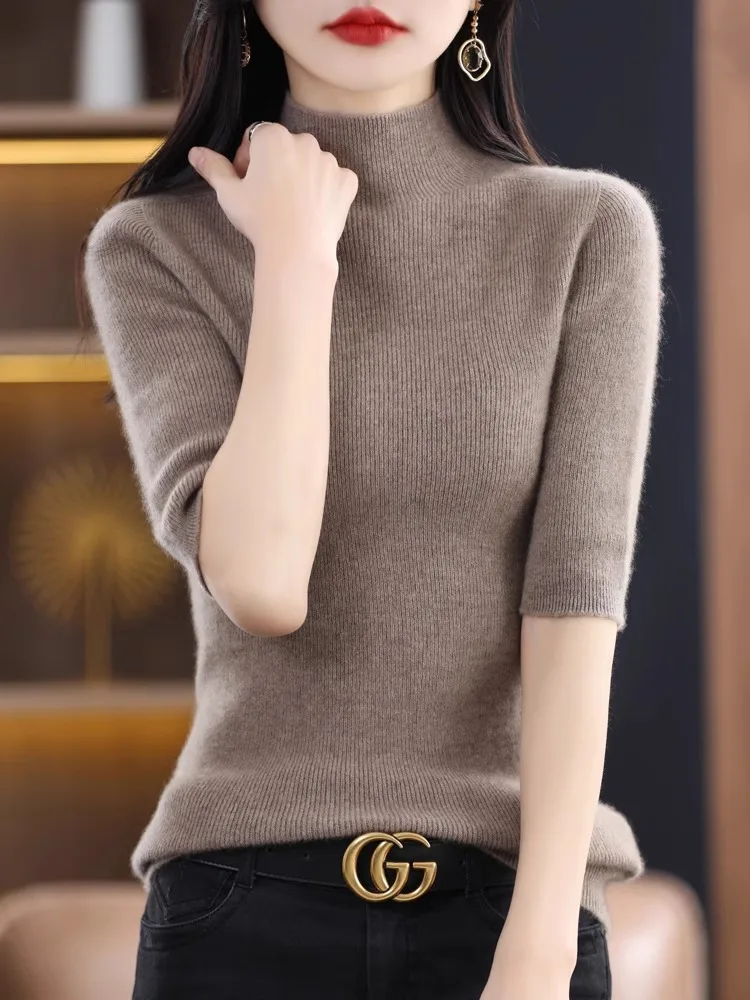 เสื้อไหมพรมถักทรงเข้ารูปสำหรับผู้หญิง คอสูง แขนห้าส่วน ความยาวปานกลาง ผ้าขนสัตว์