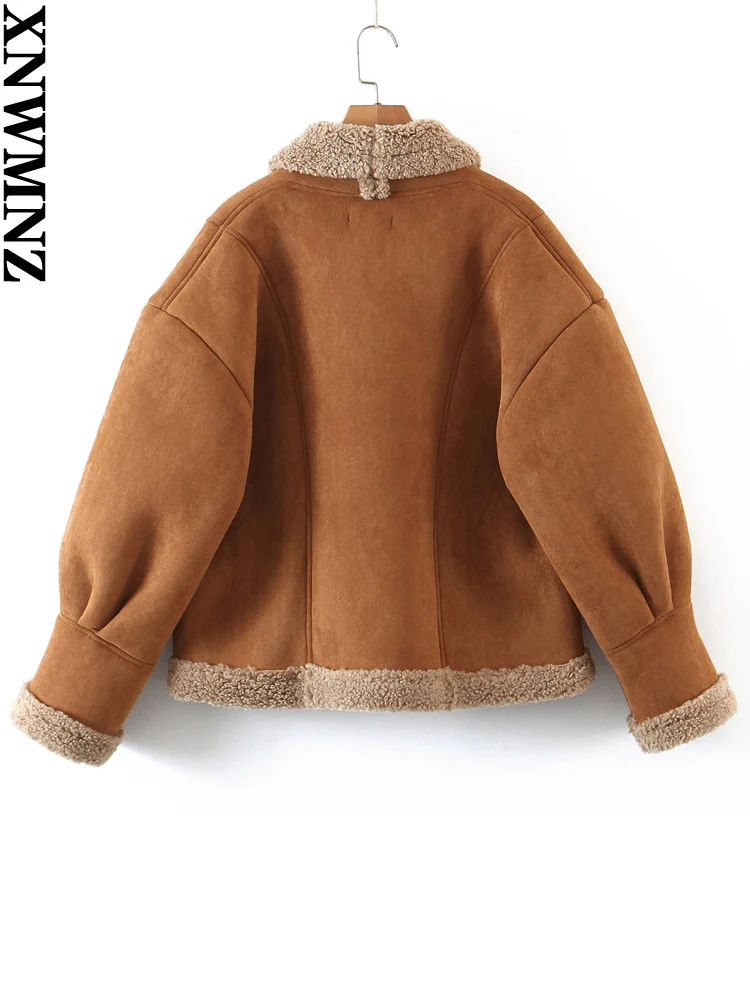 XNWMNZ Fall Winter Women\'s Fashion Loose Pocket Jacket Women\'s Retro Suede Lamb Wool Warm Coat