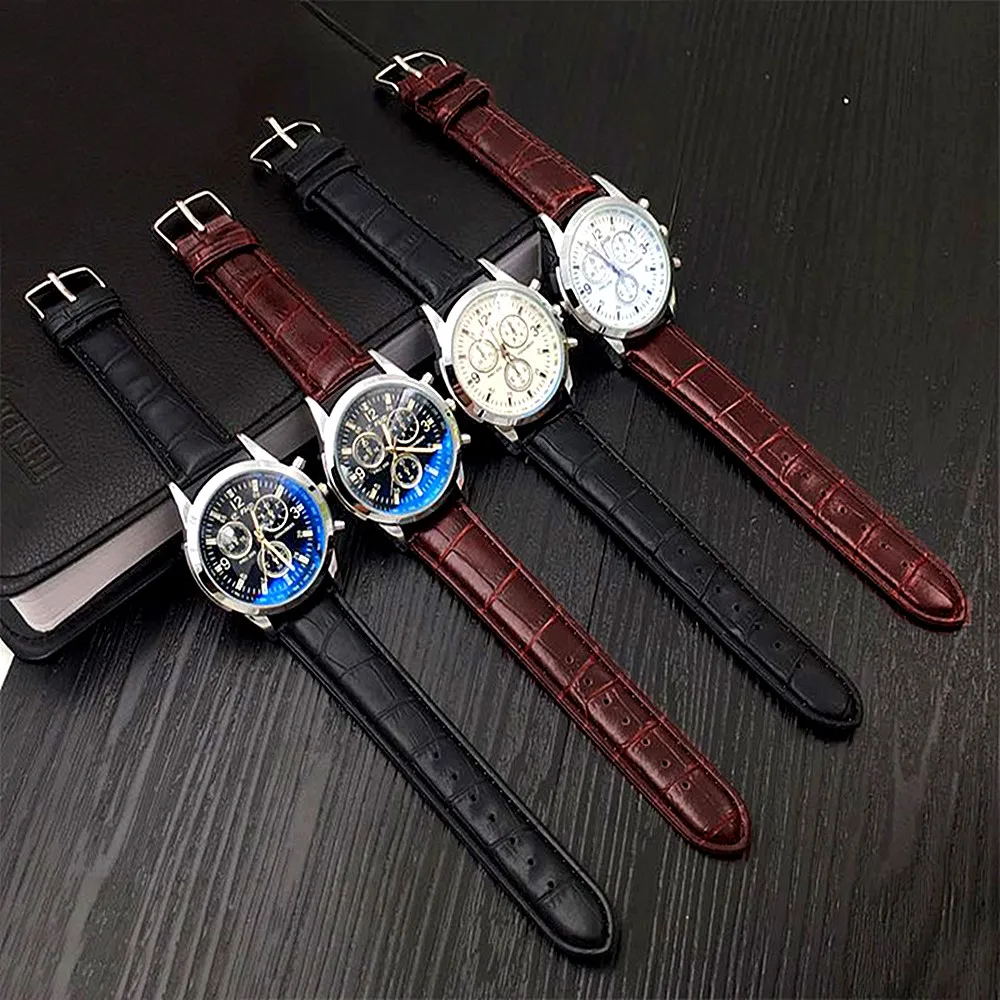 Reloj de negocios de moda, relojes de pulsera clásicos de cristal de luz azul, espejo de zafiro, reloj de cuarzo, correa de cuero PU