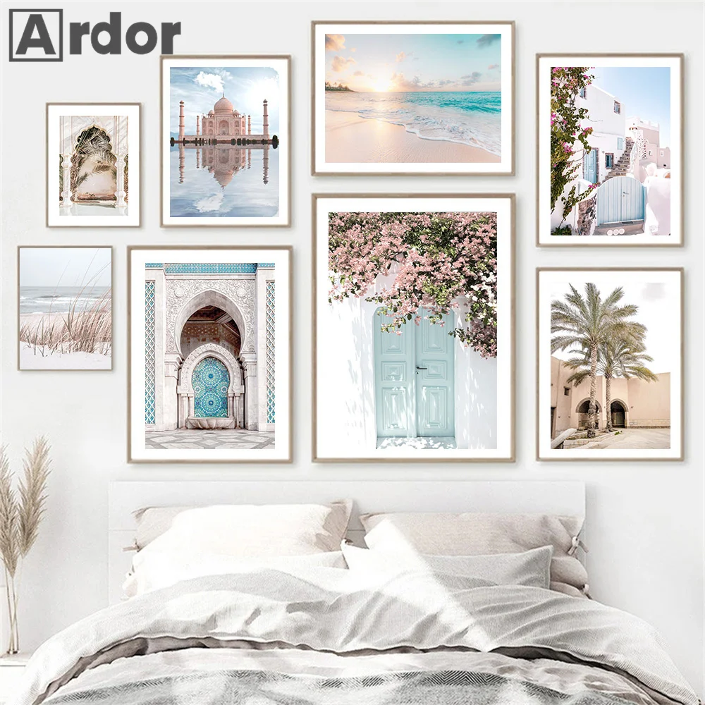 Taj Mahal Moroccan Door Posters  Islamic Quotes Prints Beach Flower Wall Art Canvas Painting Nordic Pictures Living Room Decor