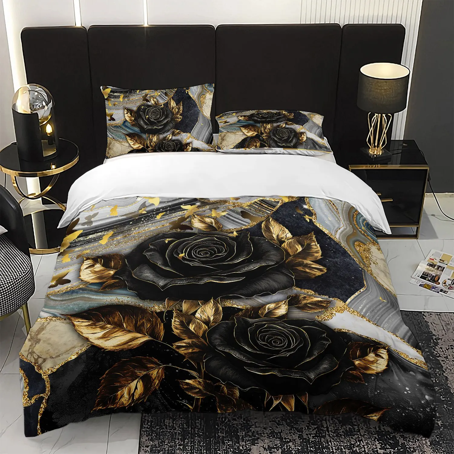 

3pcs Black Golden Rose Marble Bedding Duvet Cover Set Luxury Rose Bedding Quilt Set Elegant Rose Themed Bed Quilt Set Modern