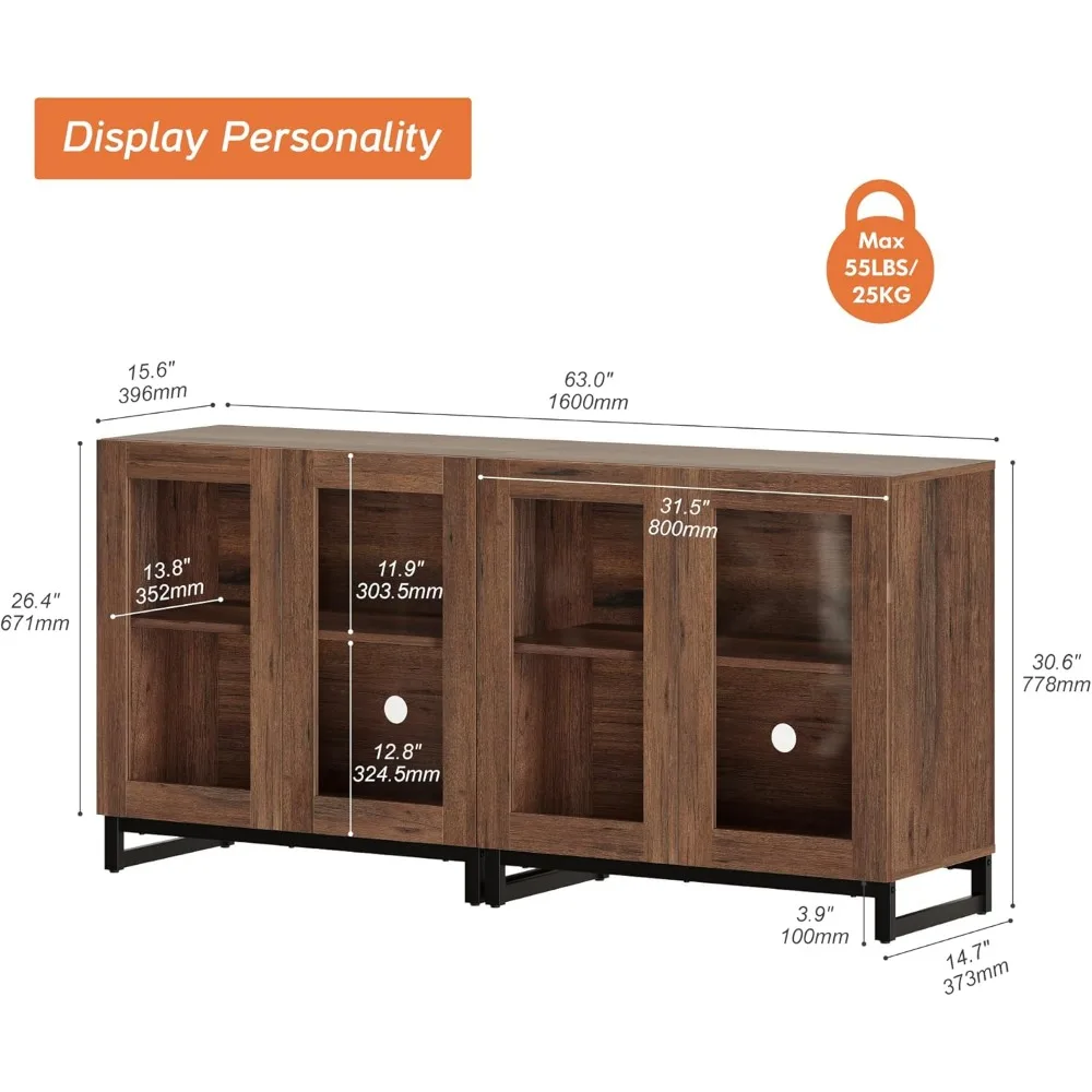 خزائن بوفيه جانبية متعددة الوظائف 2 في 1 مع 4 أبواب زجاجية، وخزانة جانبية حديثة مع رف قابل للتعديل، وبار القهوة S #2