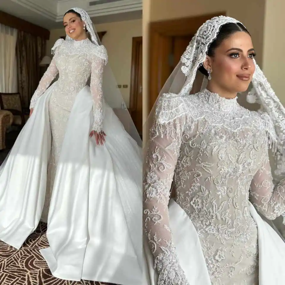 Elegant Muslim Mermaid Wedding Dress High Neck Long Sleeve Lace Appliques Overskirt Outfit Vestido De Novia Customized