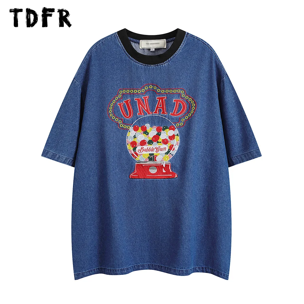 Bubble Gum Embroidery Short Sleeve Denim T-shirt Mens Summer Retro Casual Spliced Crew Neck Half-Sleeve Loose Tee