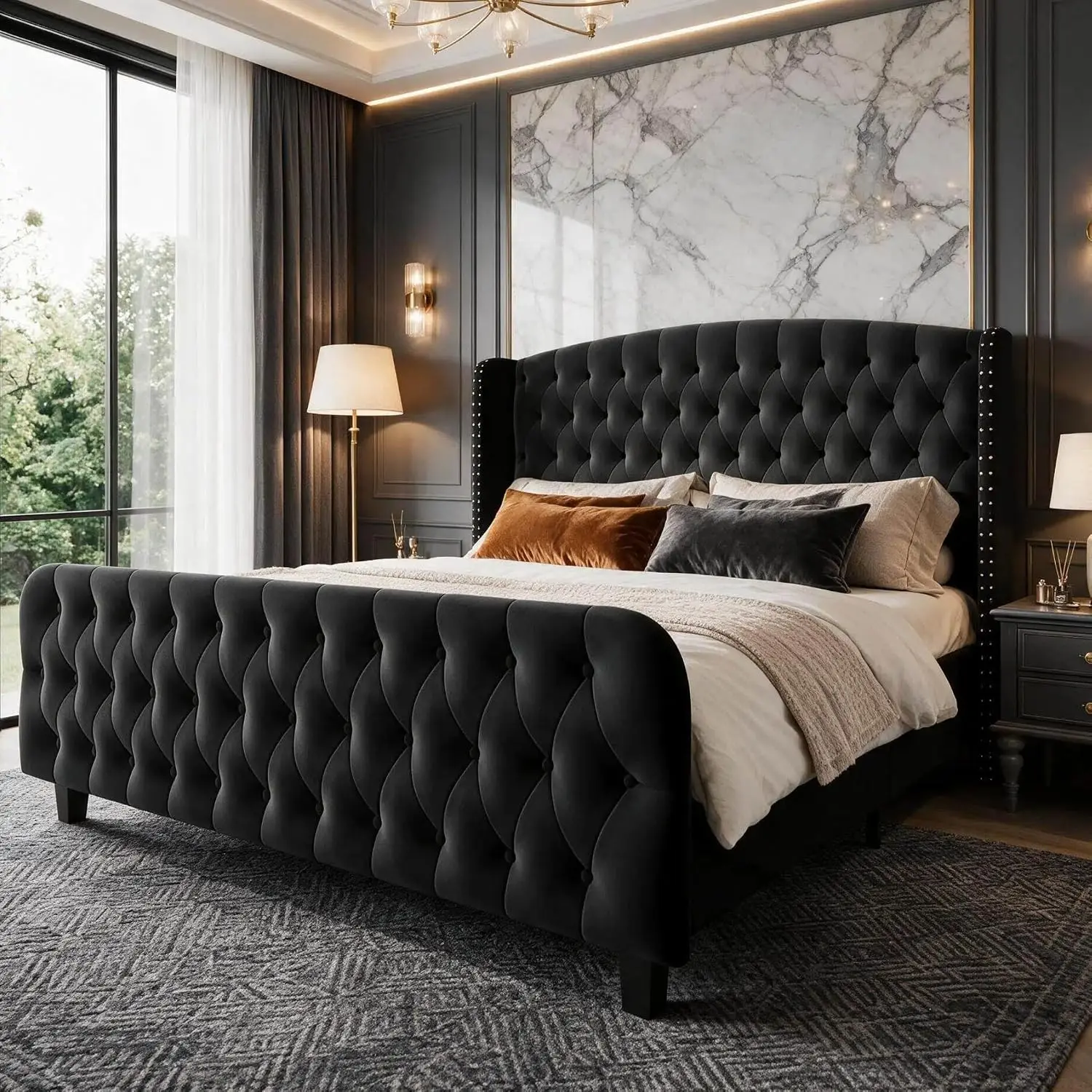 51-Inch Tall Queen Size Bed Frame with Wingback Headboard, Black, Tall Headboard Bed Frame for Bedroom