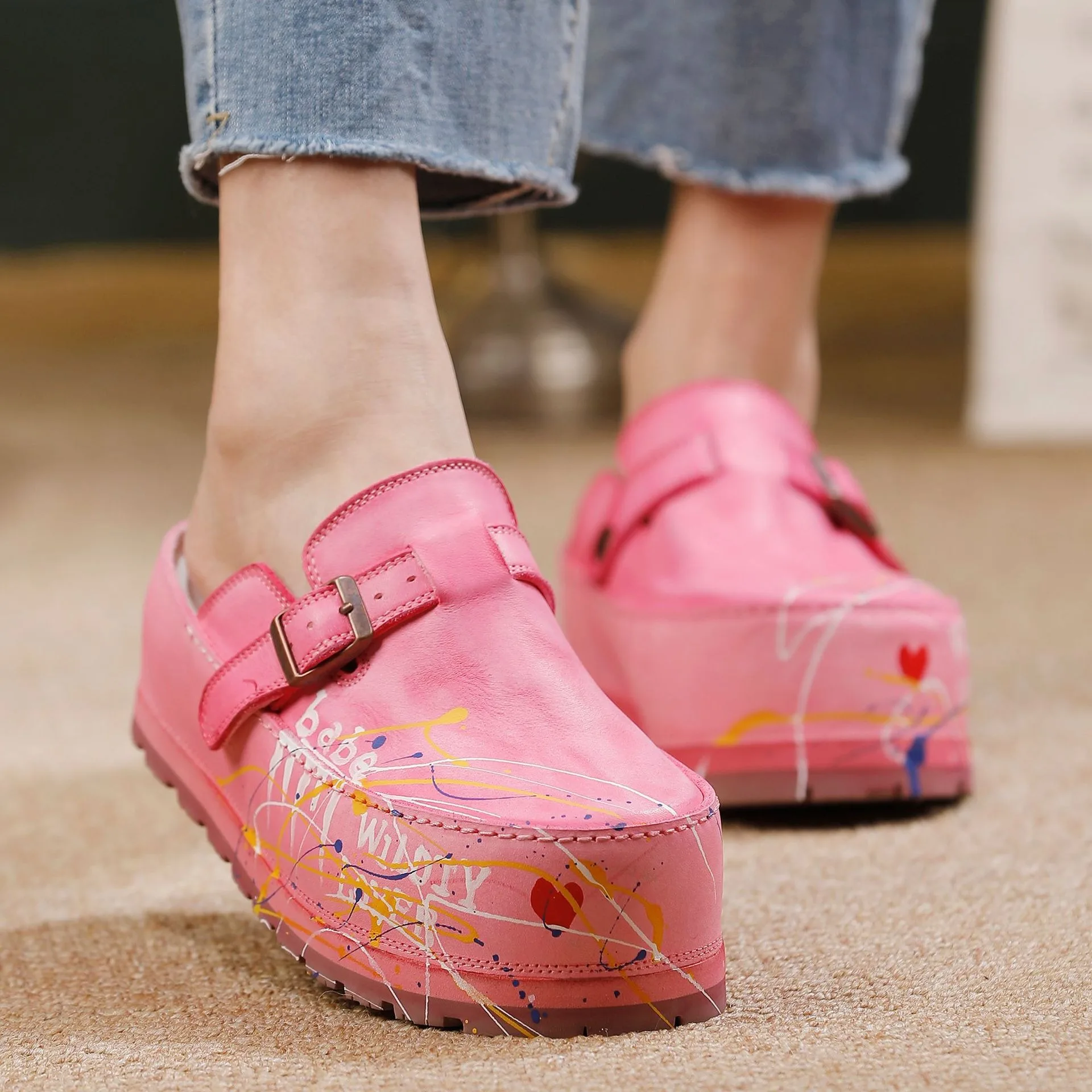Birkuir Closed Toe Pink Women Slippers 4cm Thick Heel Slides Buckle Flat Platform Hand Drawn Slippers Genuine Leather High Heels