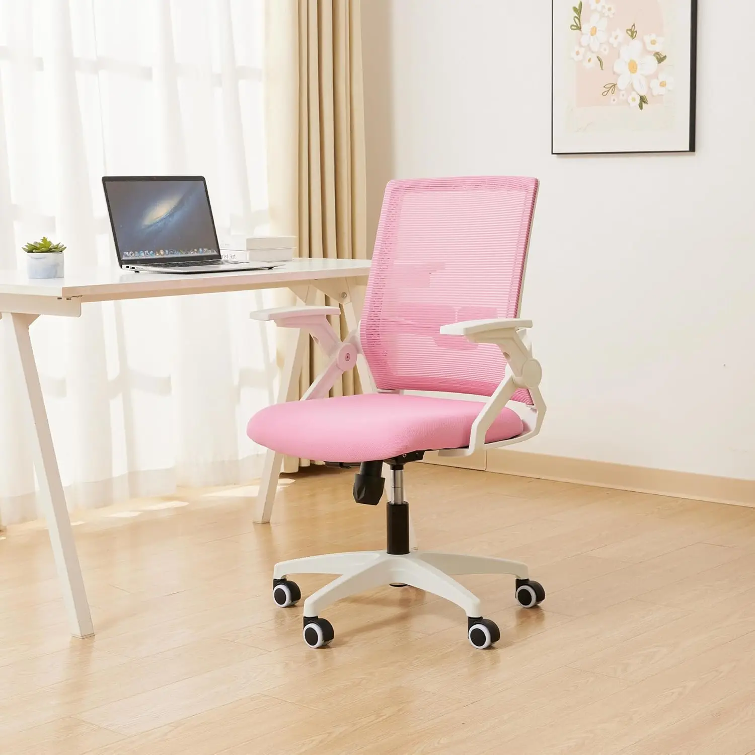 

Ergonomic Office Chair with Adjustable Height, Mesh, Swivel, Flip-up Arms, Lumbar Support, Pink