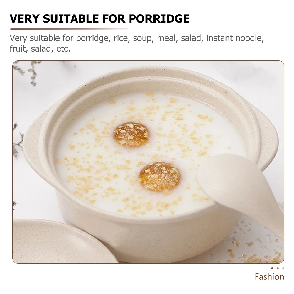 

1pc Double Handle Porridge Bowl Beige Reusable Wheat Fiber Insulated Soup Rice Noodle Fruit Salad Container Kitchen