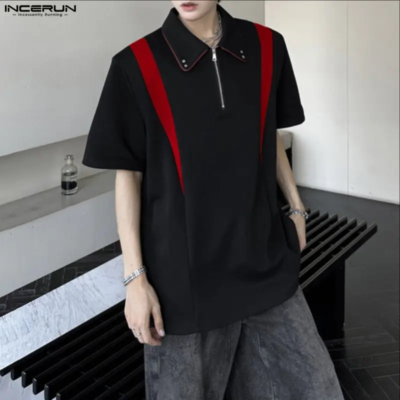 INCERUN الرجال قميص المرقعة اللون كتلة التلبيب قمصان قصيرة الأكمام الملابس الشارع الشهير فضفاض سستة الكورية نمط عارضة الذكور قمم #4