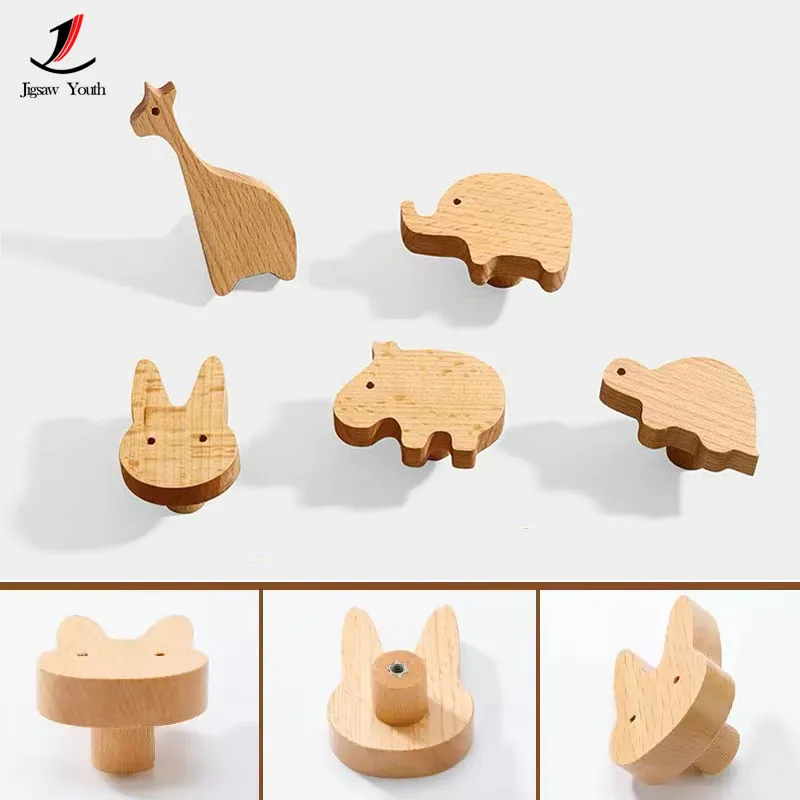 6pcs Cartoon Wooden Handle Cabinet Door Handle For Children'S Room Solid Wardrobe Handle Drawer Knob Star Cloud  Log Handle