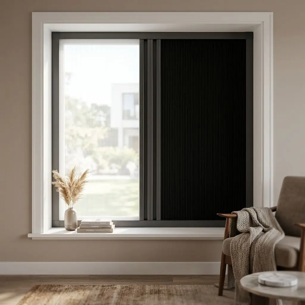 Soft daylight or total darkness. Framed Day Night cellular shades offer both. Honeycomb insulation keeps rooms comfortable. Cust