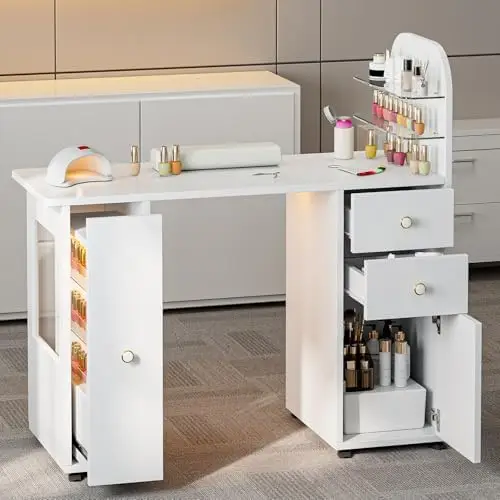Professional Nail Desk for Nail Tech w/LED Light Display Cabinet, Rolling Manicure Table with Lockable Wheels, Storage