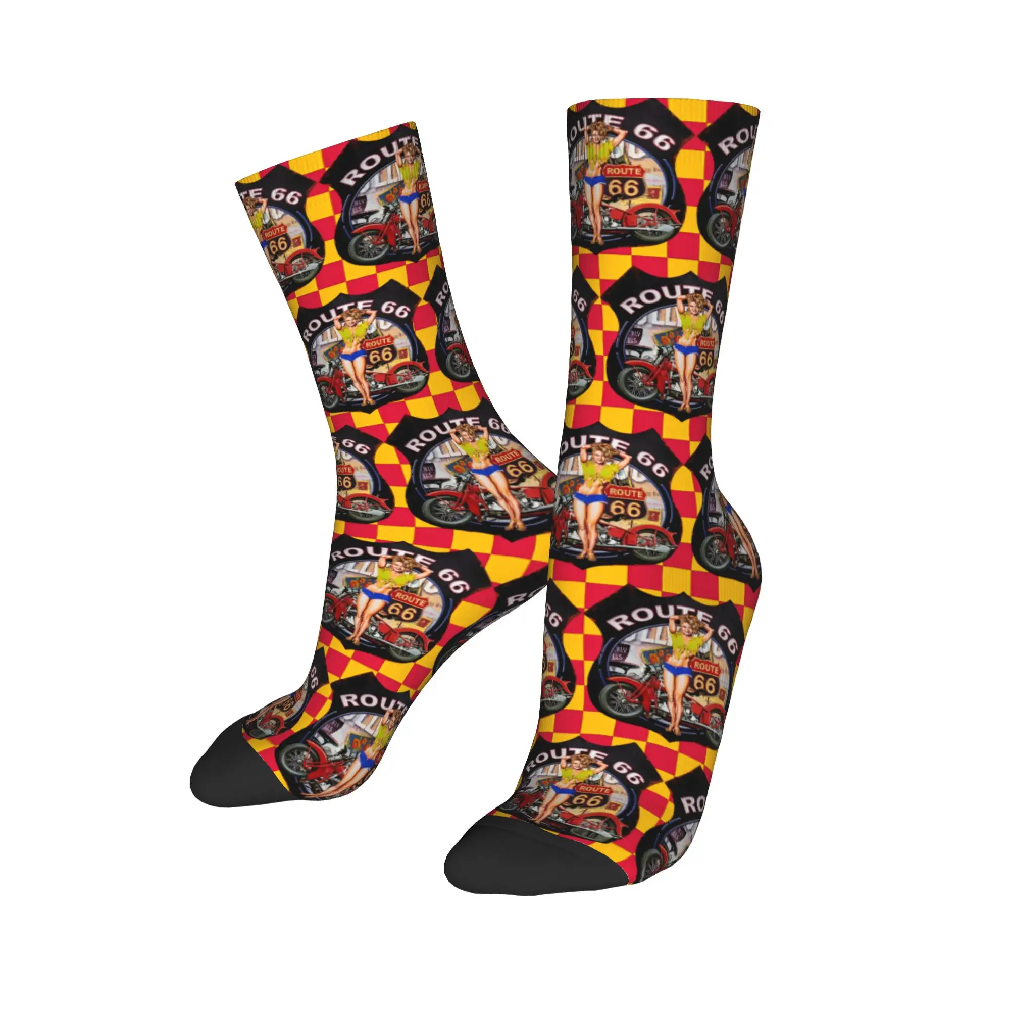 

Custom Route 66 Amber Orange and Crimson Red Checkerboard Dress Socks Men's Women's Warm Fashion Novelty Crew Socks