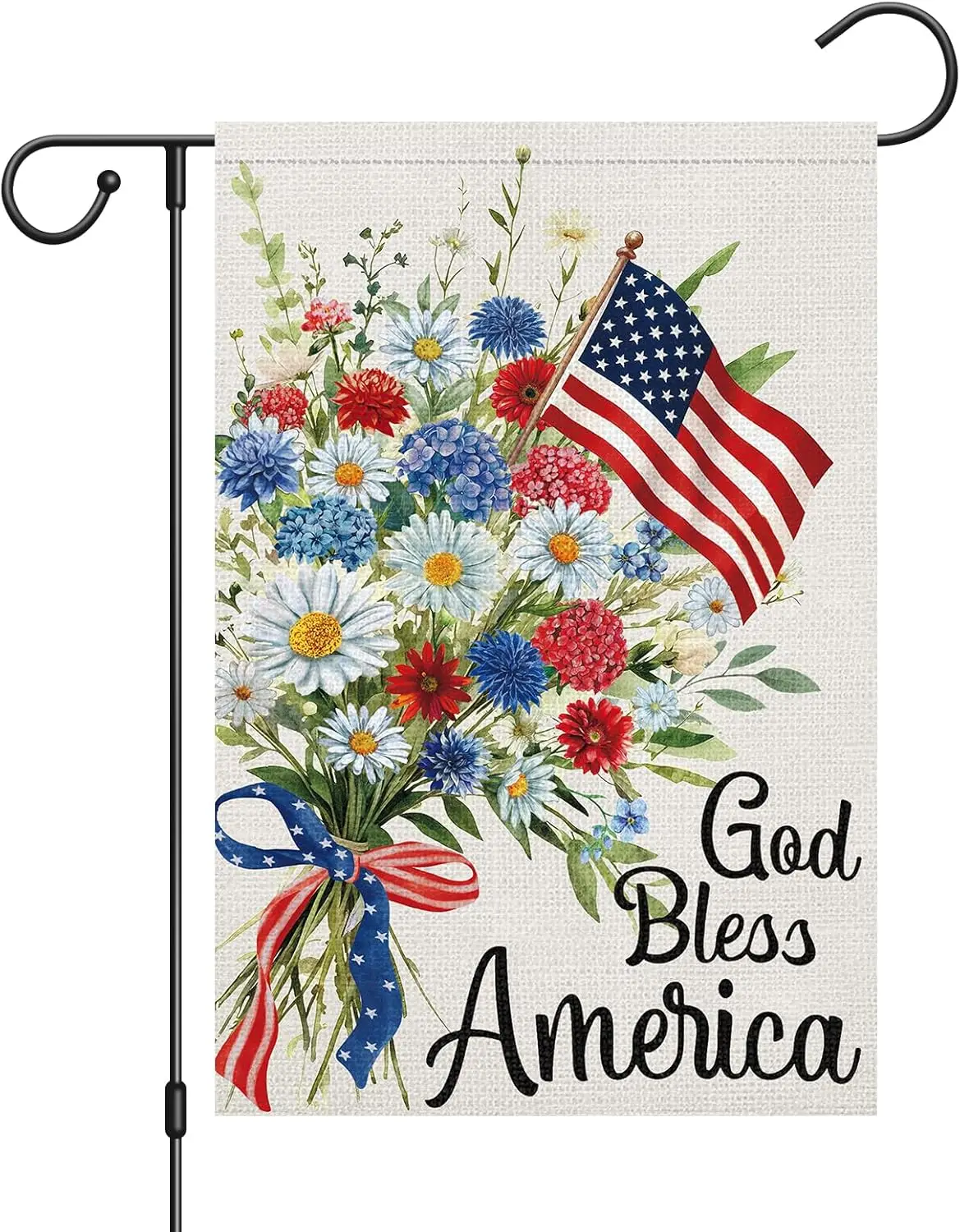 God Bless America 4th of July Garden Flag 12x18 Inch Double Sided Burlap Outside, Daisy Floral Patriotic Yard Flag for Indep AAS