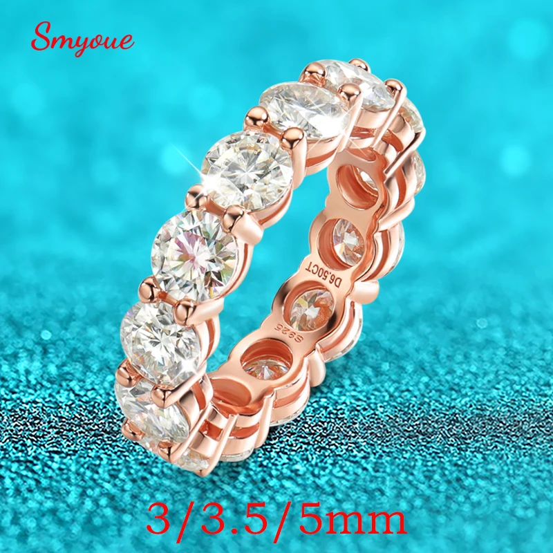 Smyoue 3/3.5/5mm Rose Gold Color All Moissanite Rings for Women Sparkling Wedding Ring 925 Sterling Silver Classic Jewelry GRA