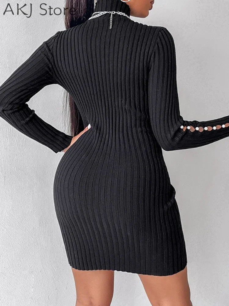 Robe moulante en tricot perlé pour femme, col montant, haute élasticité, automne et hiver