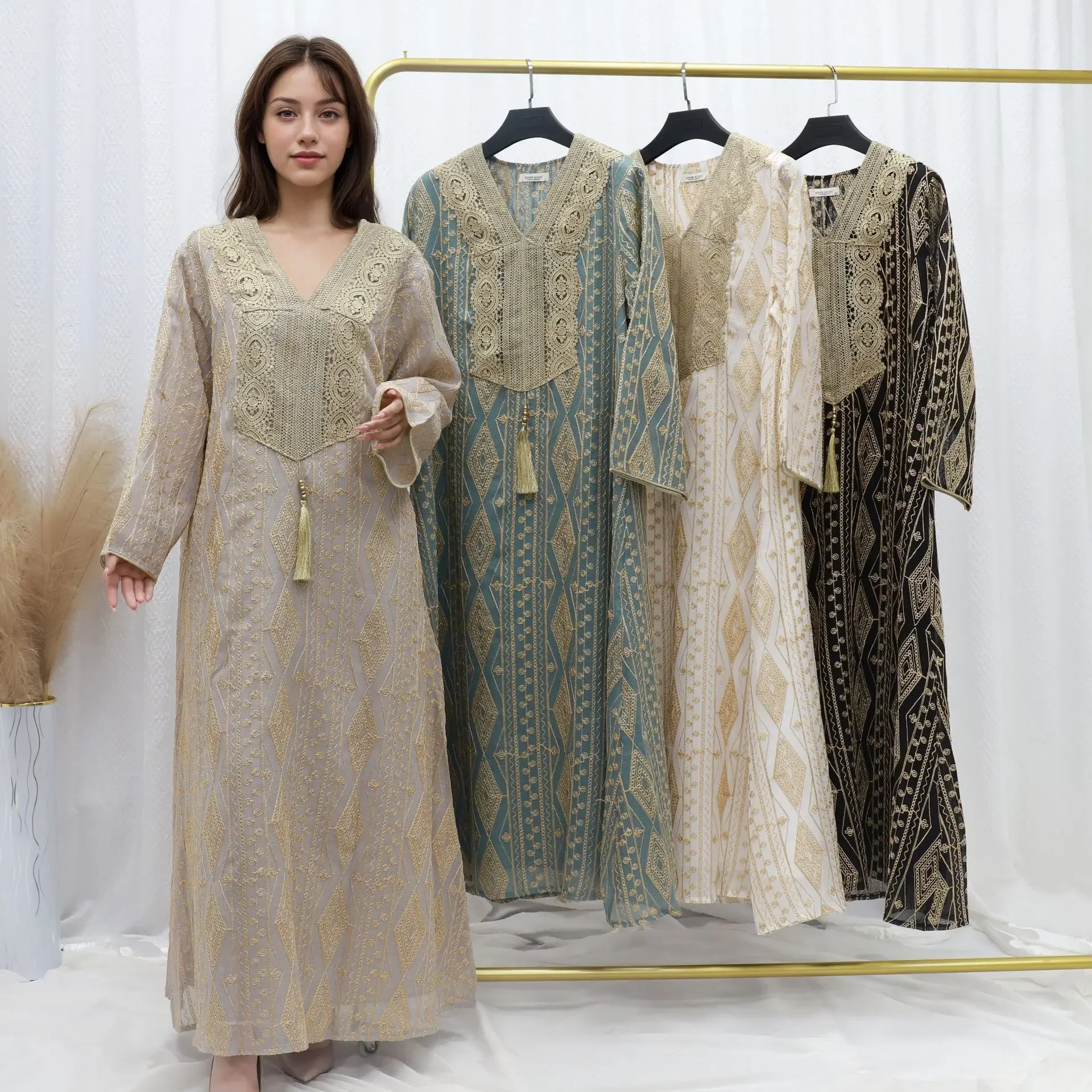 Abayas 원피스 여성용 파티 술 자수 긴 로브, 모로코 두바이 무슬림 드레스, 카프탄 이슬람 이드 라마단 베스티도스 