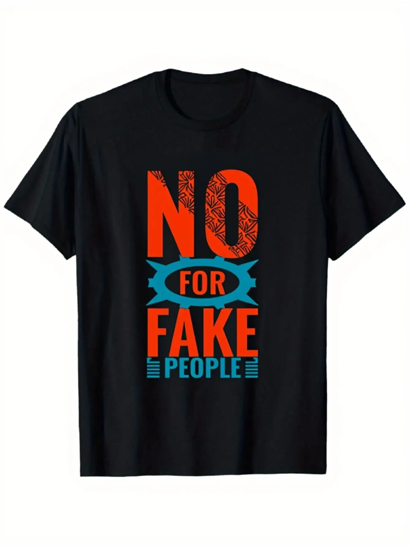Funny Men's Black Graphic T-Shirt No for Fake People Bold Letter Print Colorful Typography Statement Design 100% Cotton Heavyweight Short Sleeve Casual Streetwear Tee