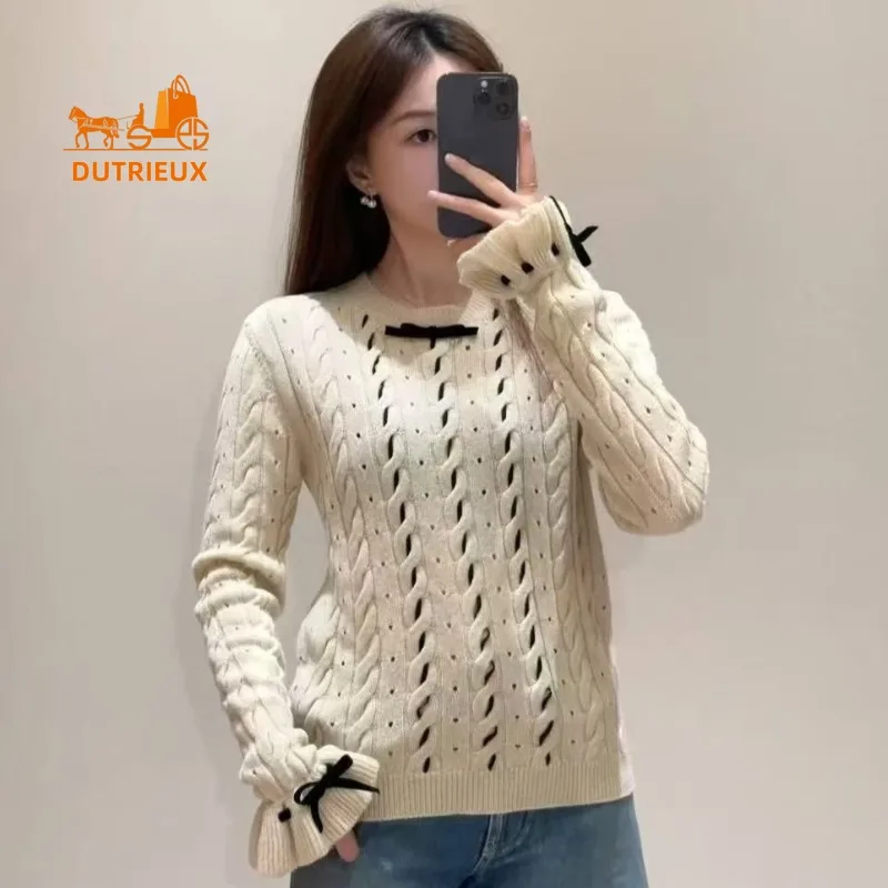 

Women's Winter Twisted Ribbon Woven Round Neck Drop Shoulder Sweater, 70% Genuine Wool and 30% Cotton Eye-catching and Stylish