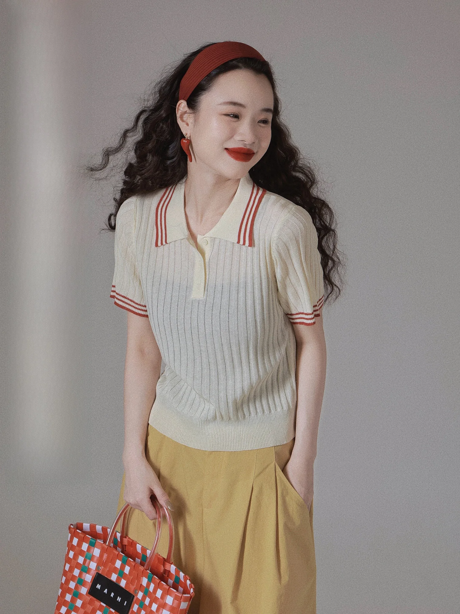 

Женская летняя тонкая футболка IVY YANG с коротким рукавом, вязаная, в стиле колор-блок, с воротником и полосками, облегающая, повседневная, модная