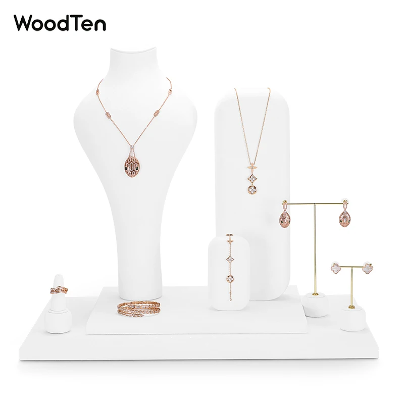 

WoodTen Jewelry Display Stand High and Low Seat Ring Earring Portrait Holder Base Plate Gold Silver Rod White