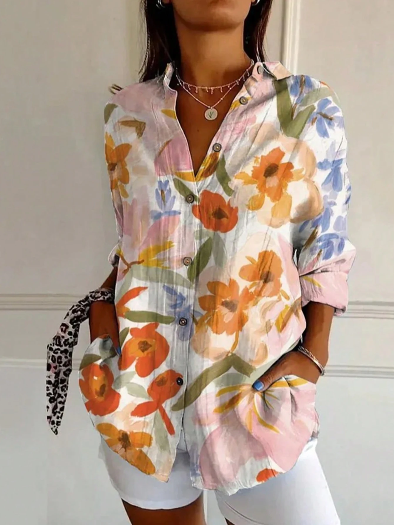 

Новая элегантная рубашка с лацканами большого размера с цветочным принтом, повседневная блузка на пуговицах с длинными рукавами, топ, пляжная одежда больших размеров для вечеринок в стиле бохо, женская одежда