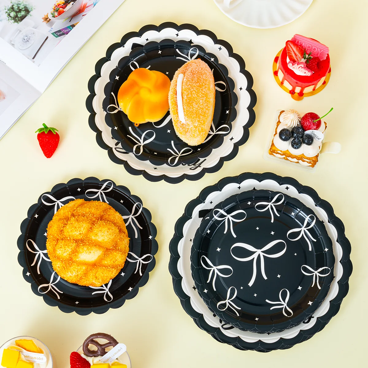 Black White Bow Print Disposable Paper Plates, Happy Birthday Themed Paper Plates for Party and Celebrations view 5