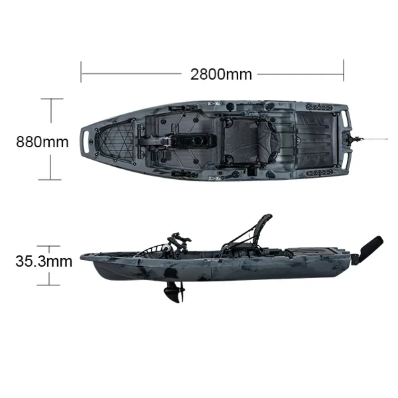 2800 x 880 x 353 mm, 1 Person, modulares, nicht aufblasbares Kajak aus HDPE-Kunststoff für Wassersport, zweiteiliger Pedalantrieb, Angeln, Kanu
