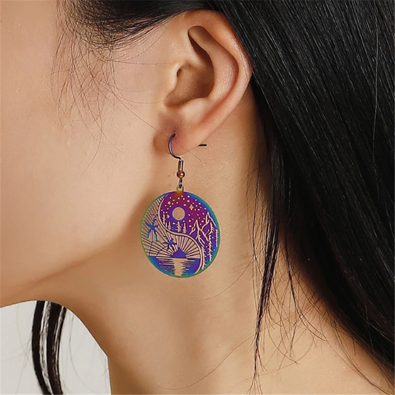 20Pcs/Lot Creative Stainless Steel Colorful Print Hollow Round Charms Connectors DIY for Earrings Jewelry Findings Accessories