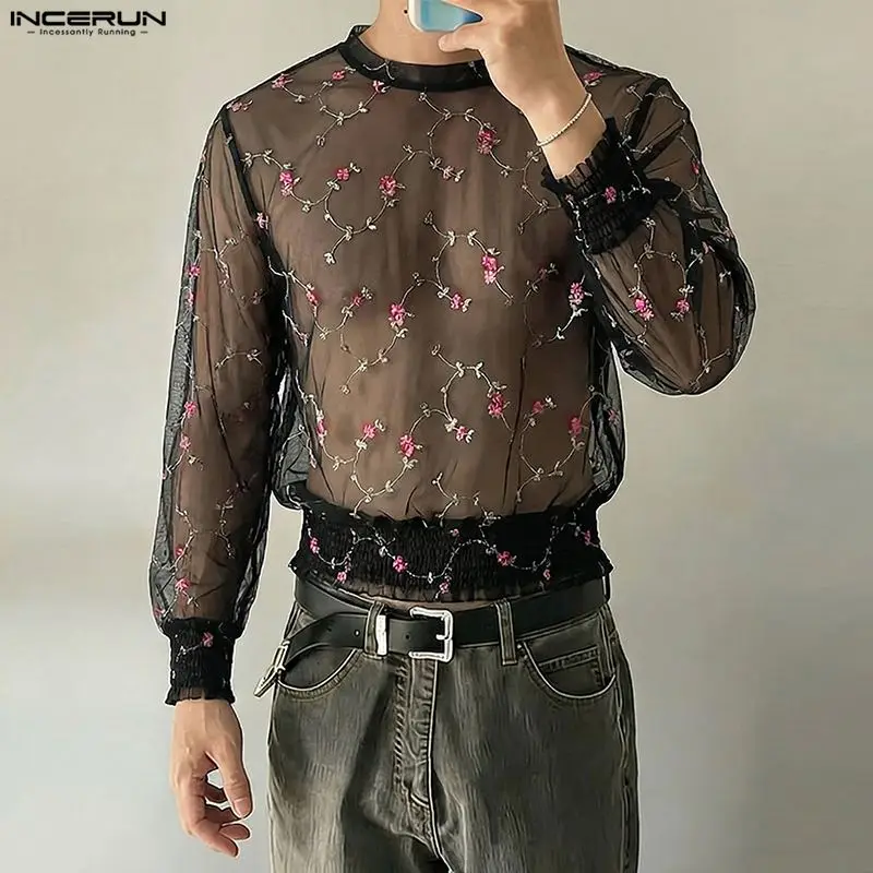 INCERUN Herren T-Shirt mit Netzstoff und Blumenstickerei, Durchsichtige Männerweste, Streetwear Sommer 2026, Sexy Langarm O-Ausschnitt Herrenbekleidung