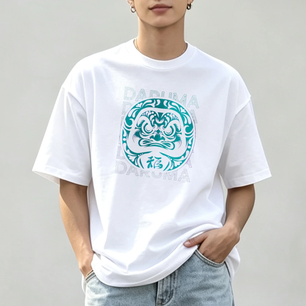 Daruma Doll Graphic Tshirt Oriental Art Print Top ChineseFu Character Retro Pattern Crew Neck Short Sleeve Casual Streetwear Tee